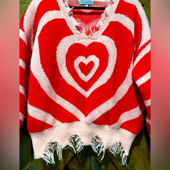 NWOT Miss Sparkling Pink & Red Frayed Heart Sweater Sz L - Picture 12 of 13
